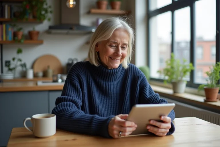 Femme en pull marin lisant sur une tablette dans une cuisine lumineuse