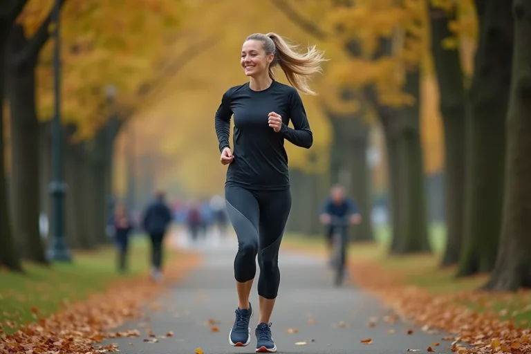 Femme sportive courant dans un parc automnal en pleine nature