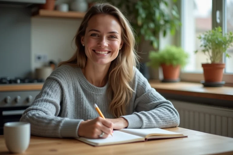 Femme souriante écrivant dans sa cuisine chaleureuse