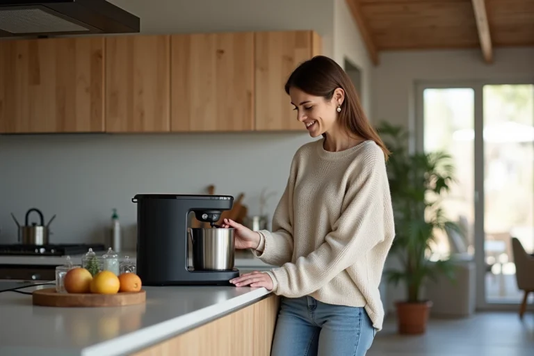 Femme inspectant un appareil multifonction dans une cuisine moderne