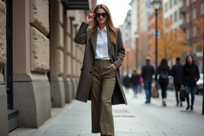 Femme élégante en manteau oversize dans la ville