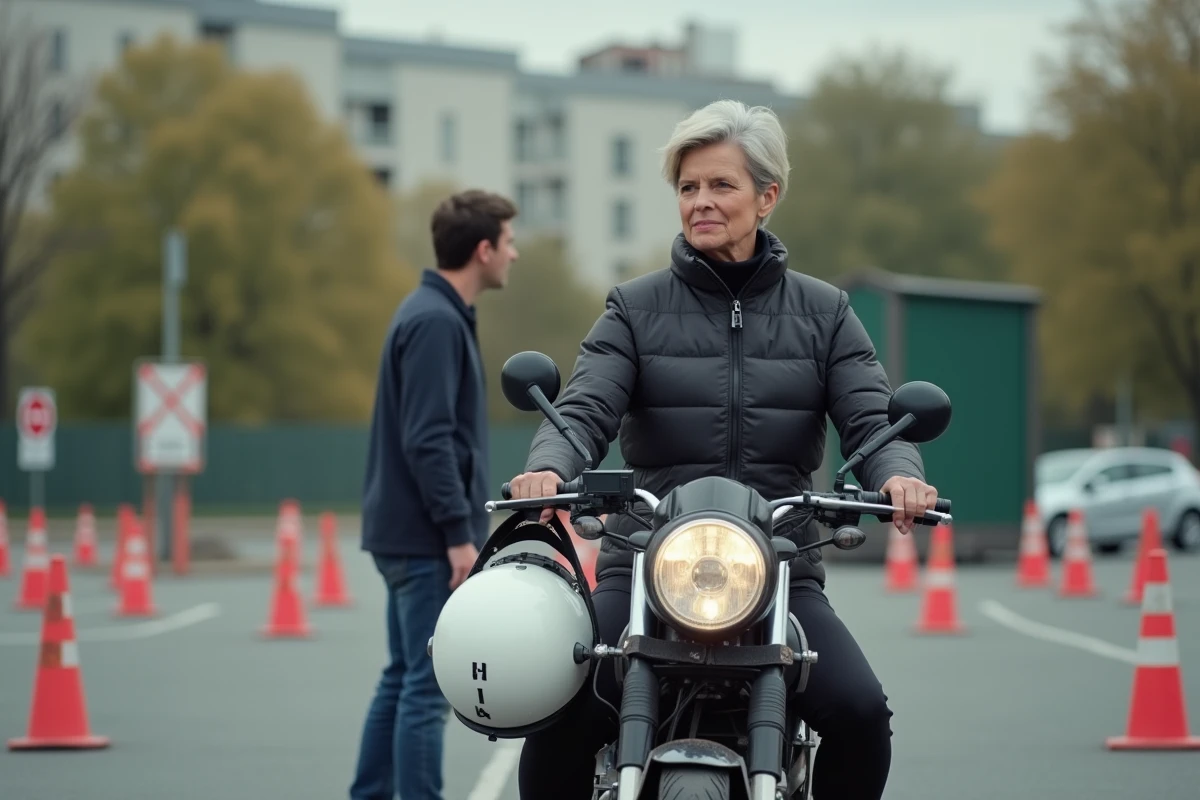 Femme française en formation moto avec instructeur
