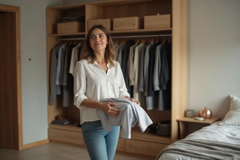 Femme organisée dans son vestiaire moderne en tenue décontractée