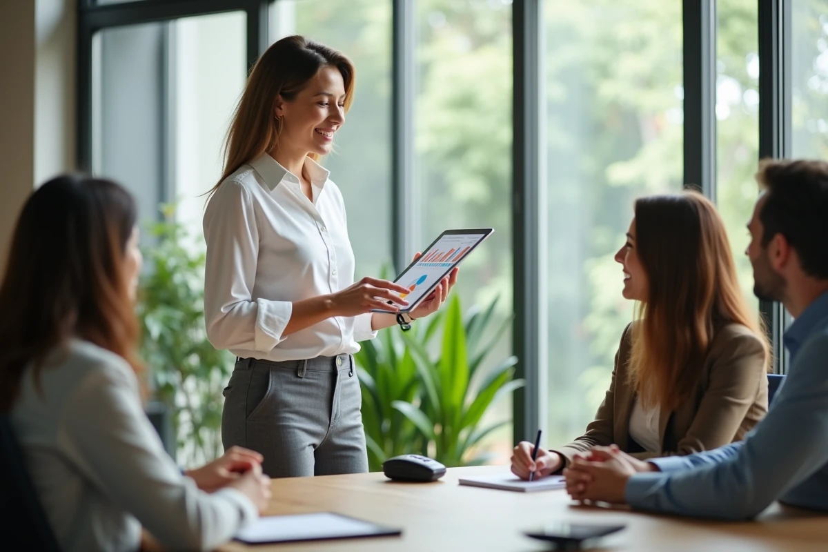 Femme professionnelle présentant des graphiques financiers
