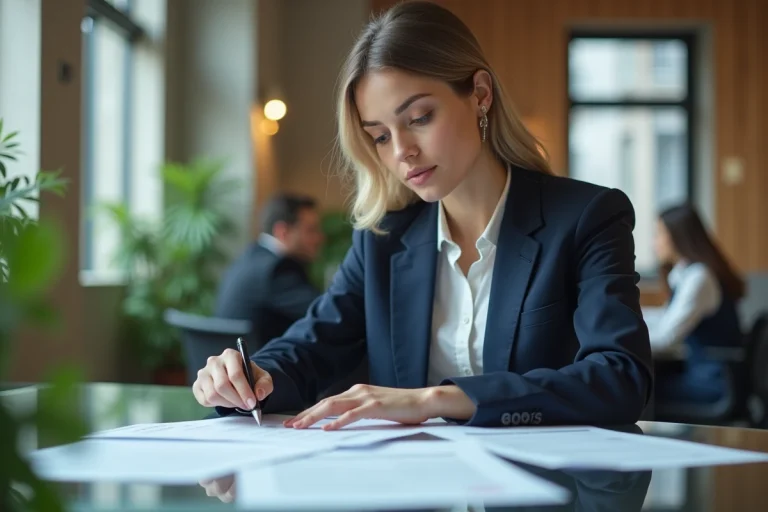 Femme en costume navy examinant des CV dans un bureau lumineux