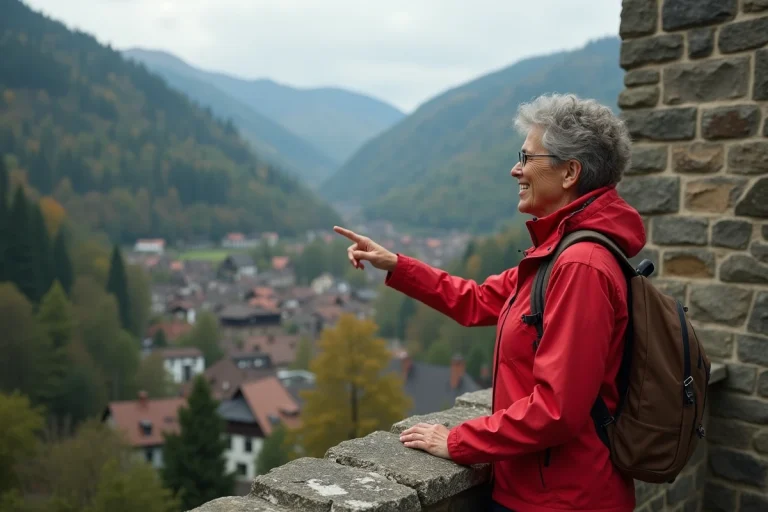 Femme souriante en veste rouge pointant vers la vallée forestiere