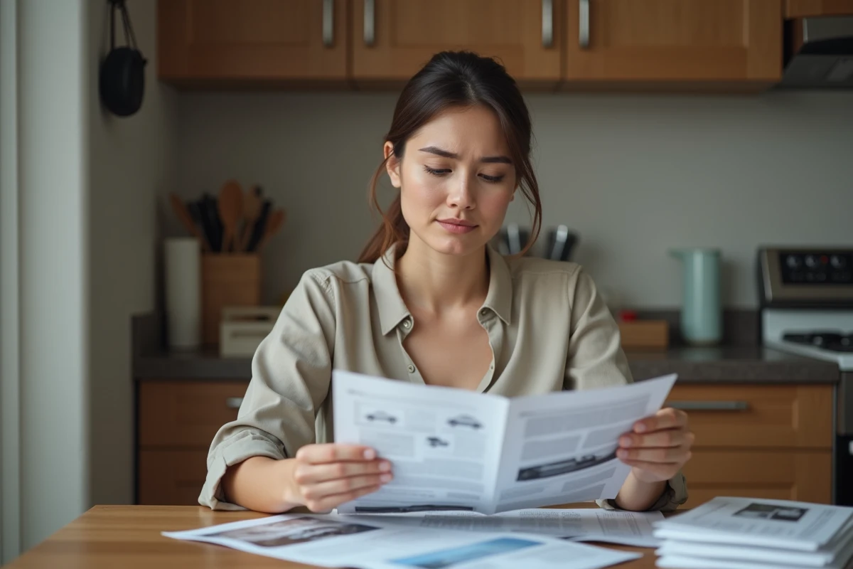 Femme examinant des rapports de voiture dans la cuisine