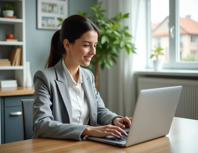 Femme consultant une agence immobilière en ligne sur son ordinateur portable dans un bureau à domicile moderne