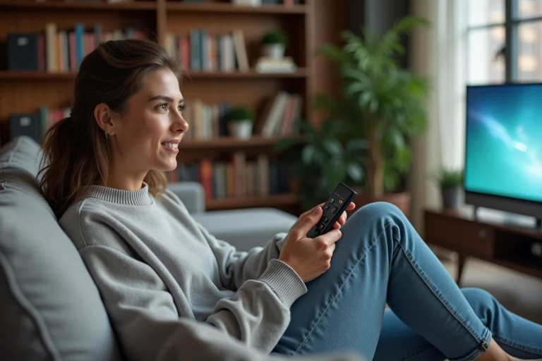 Femme détendue regardant la télévision dans un salon cosy