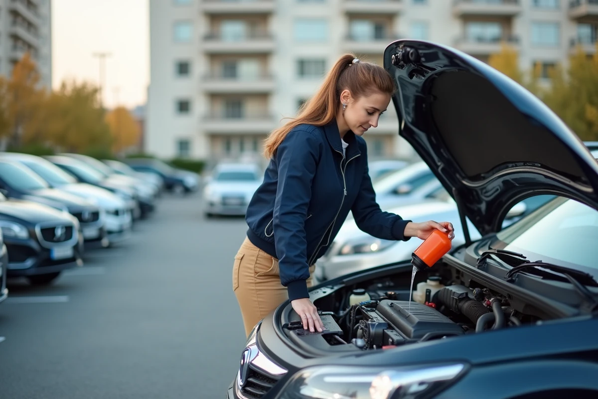 Jeune femme faisant le plein de lave-glace sous le capot