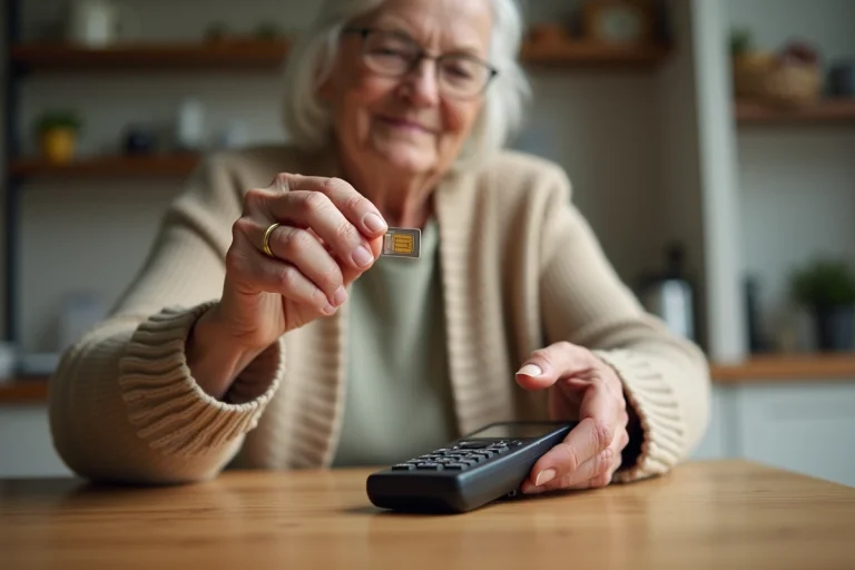 Une femme senior tenant une carte SIM et un téléphone Doro 2404 sur une table de cuisine en bois