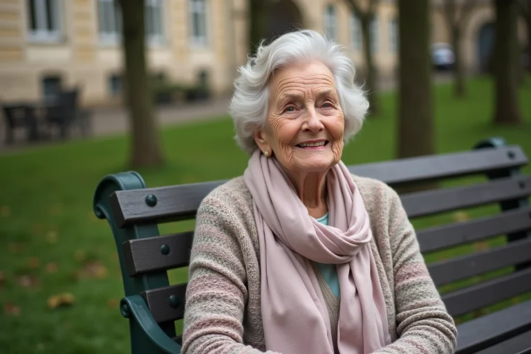 Femme senior souriante dans un parc parisien