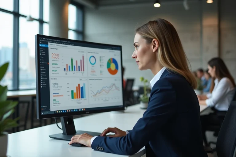 Femme professionnelle analysant des tableaux de bord de marketing digital sur un grand écran dans un bureau moderne en open space