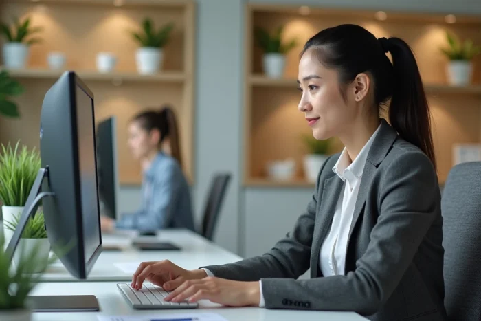 Femme candidate passant un test psychotechnique sur ordinateur dans un centre d'évaluation SNCF moderne