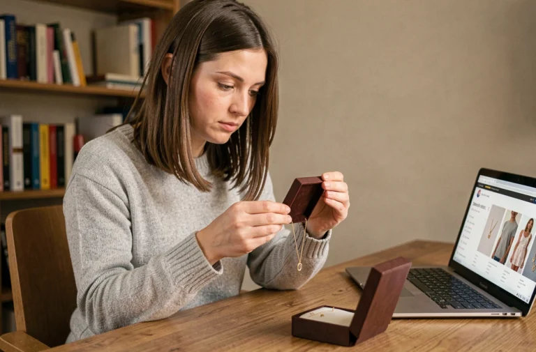 Femme inspectant un collier en or reçu après un achat de bijoux en ligne, assise à un bureau avec un ordinateur portable montrant une boutique e-commerce