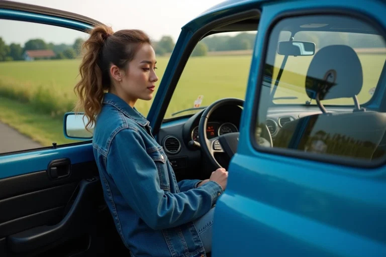 Femme en denim dans une voiture en campagne