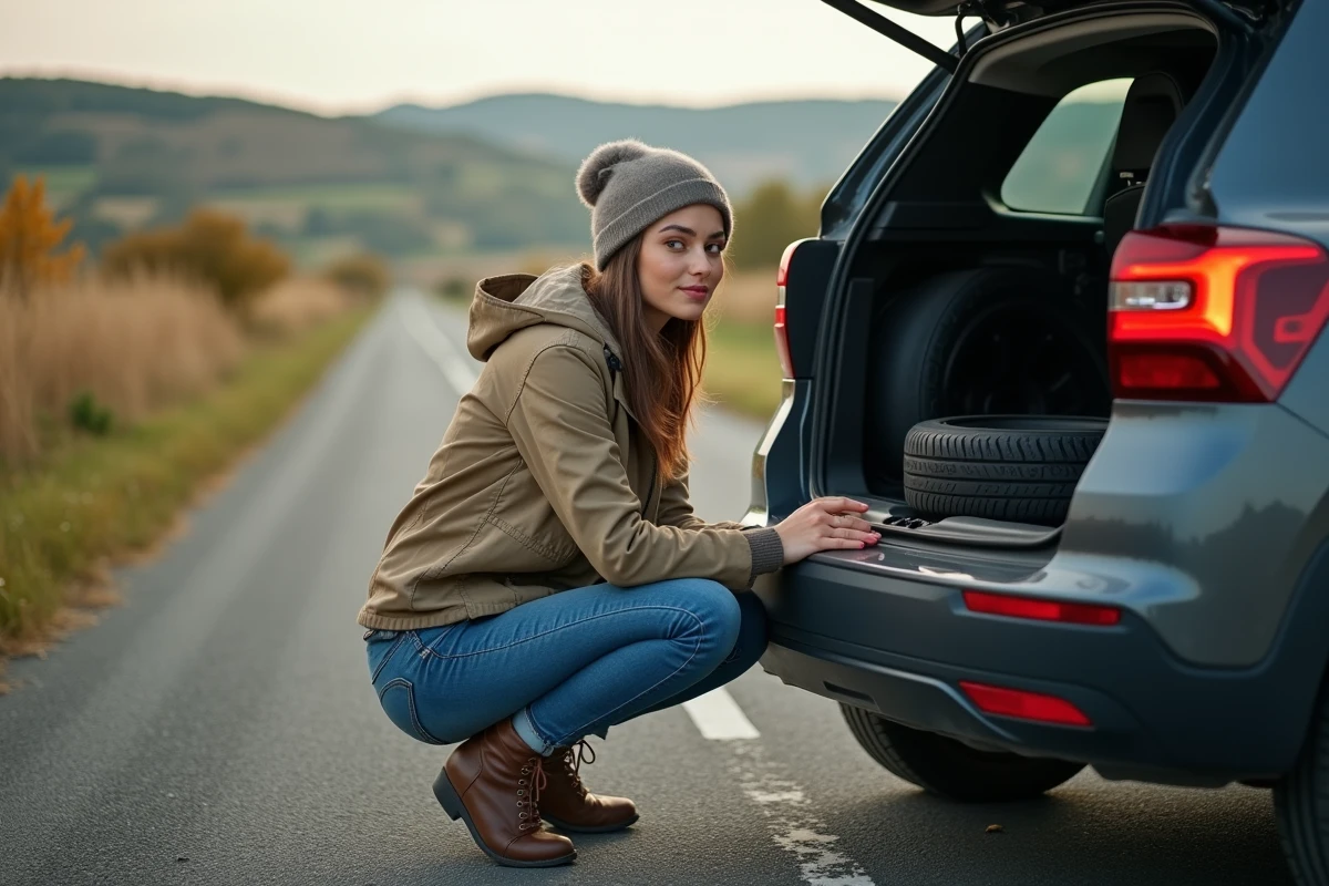 Jeune femme vérifiant un pneu de voiture en campagne