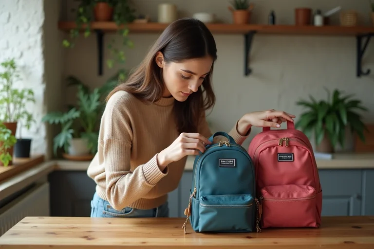 Femme examinant deux sacs à dos colorés à la maison