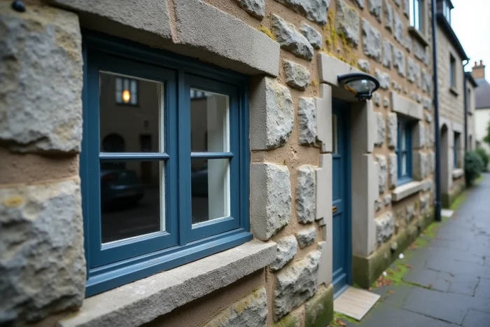 Fenêtres en bois peintes en gris-bleu ardoise sur une façade en granite bretonne traditionnelle avec pavés en arrière-plan