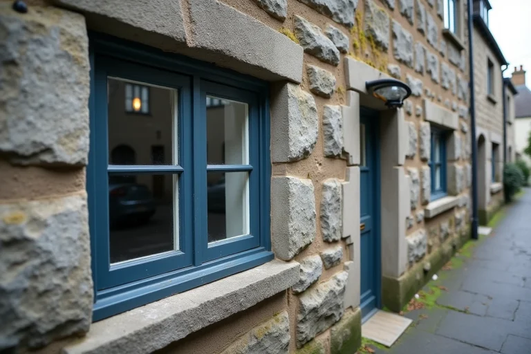 Fenêtres en bois peintes en gris-bleu ardoise sur une façade en granite bretonne traditionnelle avec pavés en arrière-plan