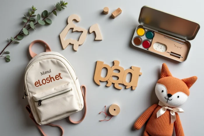 Vue de dessus d'une sélection d'accessoires et cadeaux originaux pour enfants posés sur un tissu de lin gris