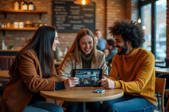 Groupe d'amis discutant des nouveautés du site 1jour1film autour d'une tablette dans un café urbain