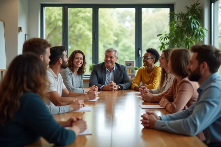 Groupe diversifié en discussion dans un centre communautaire