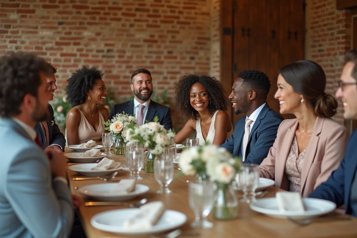 Invites de mariage souriants autour d une table en intérieur
