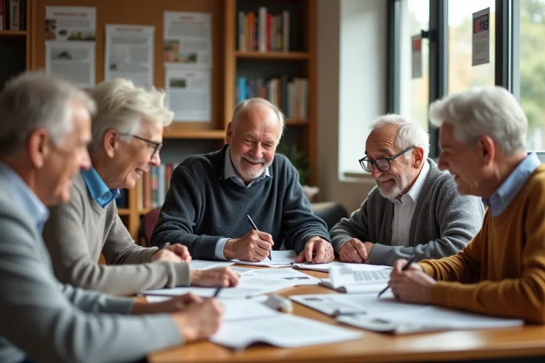 Groupe de seniors discutant autour d'une table lumineuse
