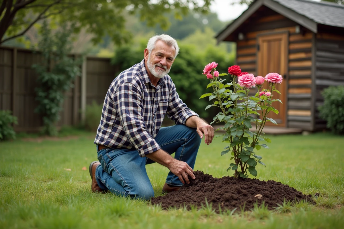 Homme appliquant du compost à un rosier dans le jardin