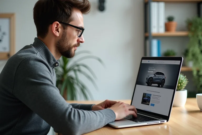 Homme consultant des avis utilisateurs sur un site automobile comme Autofantom.fr depuis son bureau à domicile