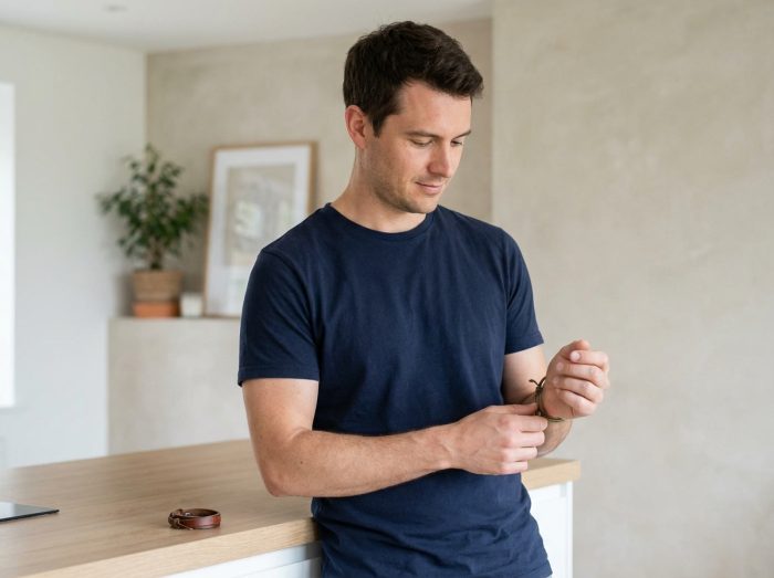 Homme ajustant bracelet en intérieur lumineux