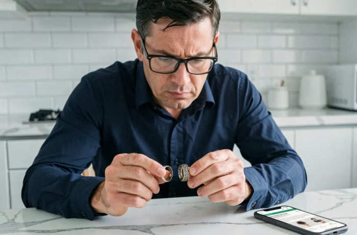 Homme comparant deux bagues en argent d'aspect similaire pour détecter une contrefaçon après achat de bijoux sur internet