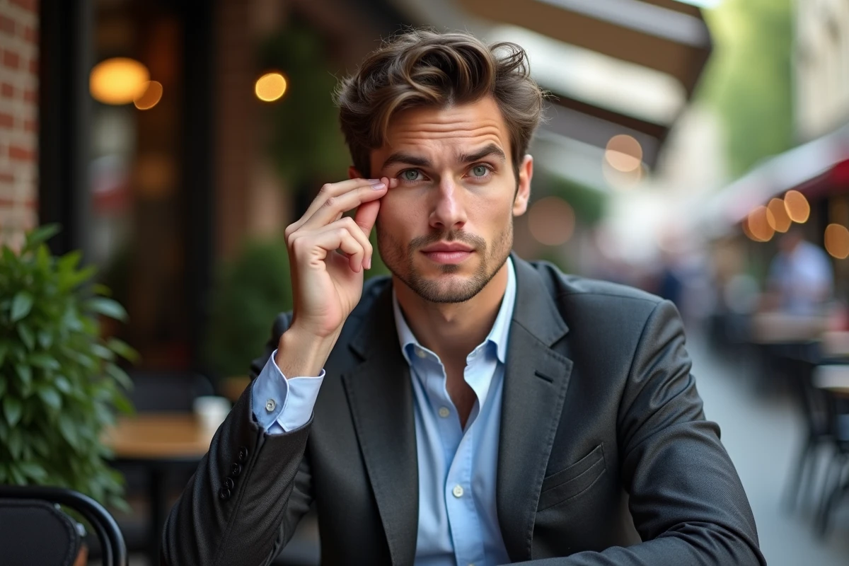 Jeune homme appliquant du concealer au café en ville