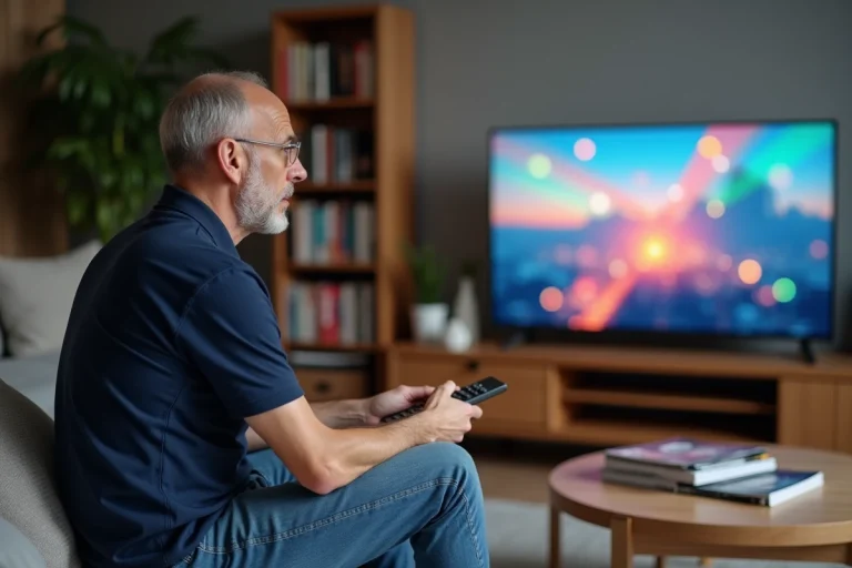 Homme français assis regardant la télé dans un salon moderne