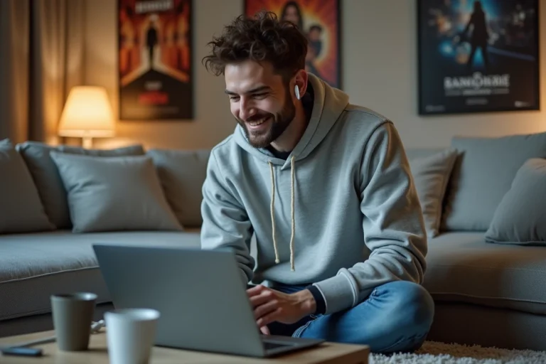 Homme détendu avec ordinateur portable dans un salon moderne