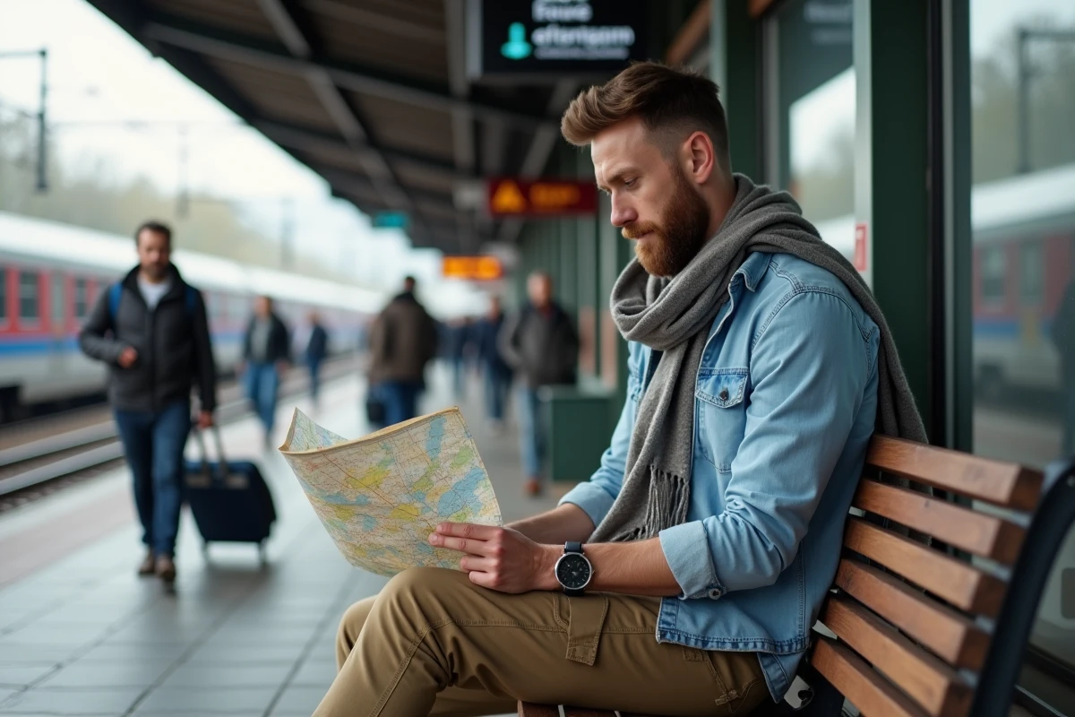 Homme lisant une carte à la gare avec ambiance de voyage