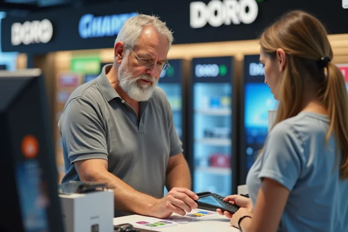 Un homme d'âge moyen en magasin de téléphonie choisissant une carte SIM pour son téléphone Doro 2404 avec l'aide d'un vendeur
