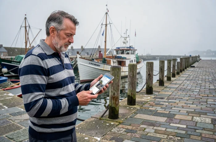 Homme en marinière bretonne consultant un portail d'information breton sur une tablette au bord du port de Concarneau