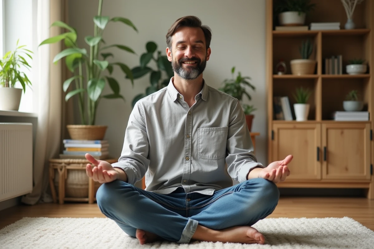 Homme méditant dans un salon lumineux avec plantes et livres