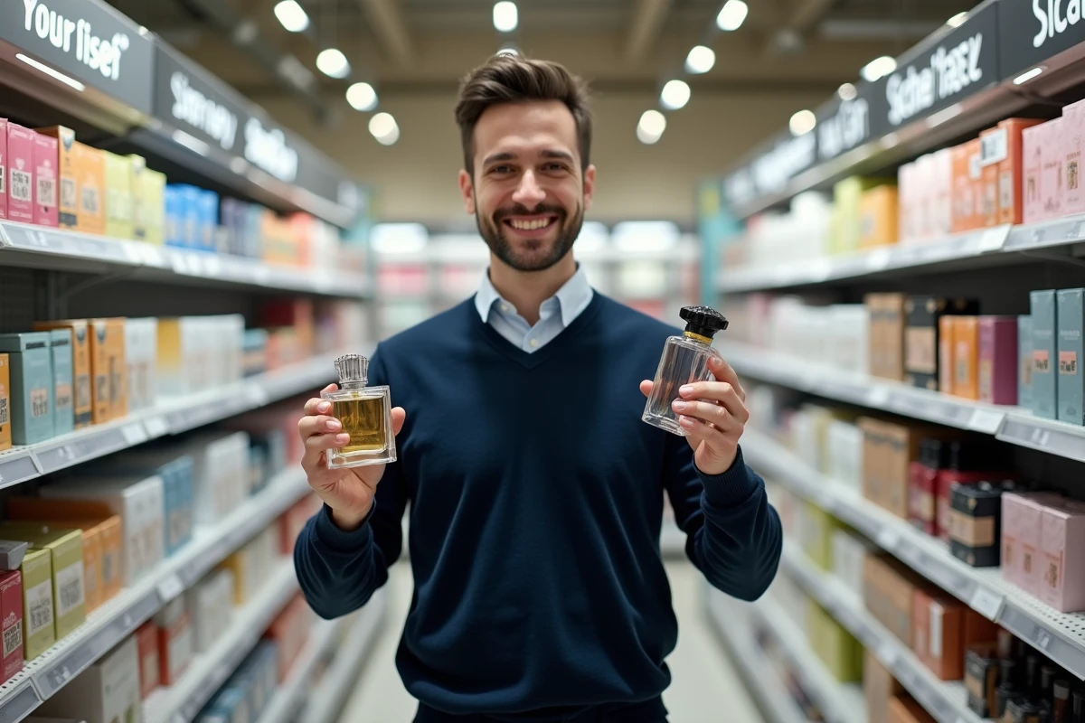 Jeune homme souriant comparant deux parfums en supermarche