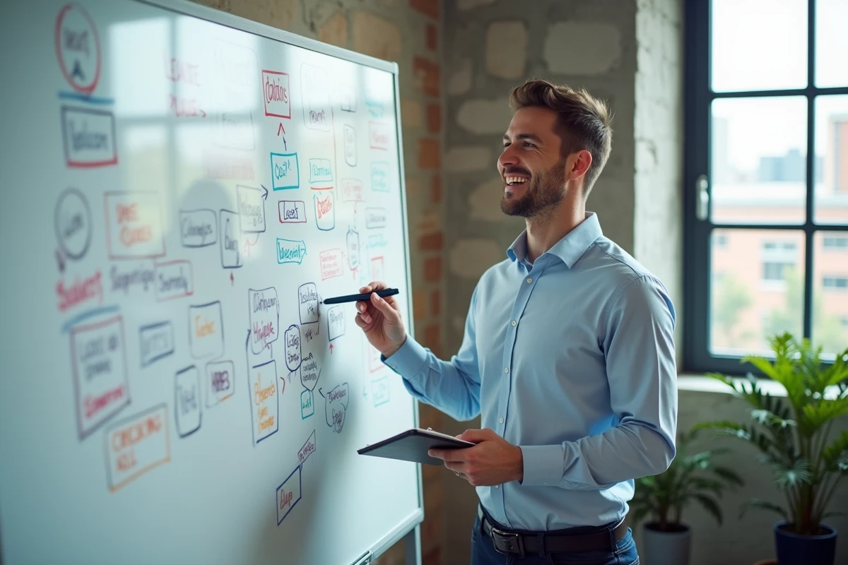 Homme expliquant ses idées devant un tableau blanc en bureau moderne
