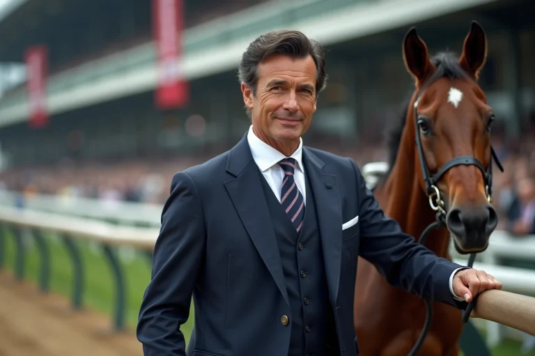 Homme élégant avec un cheval de course en paddock