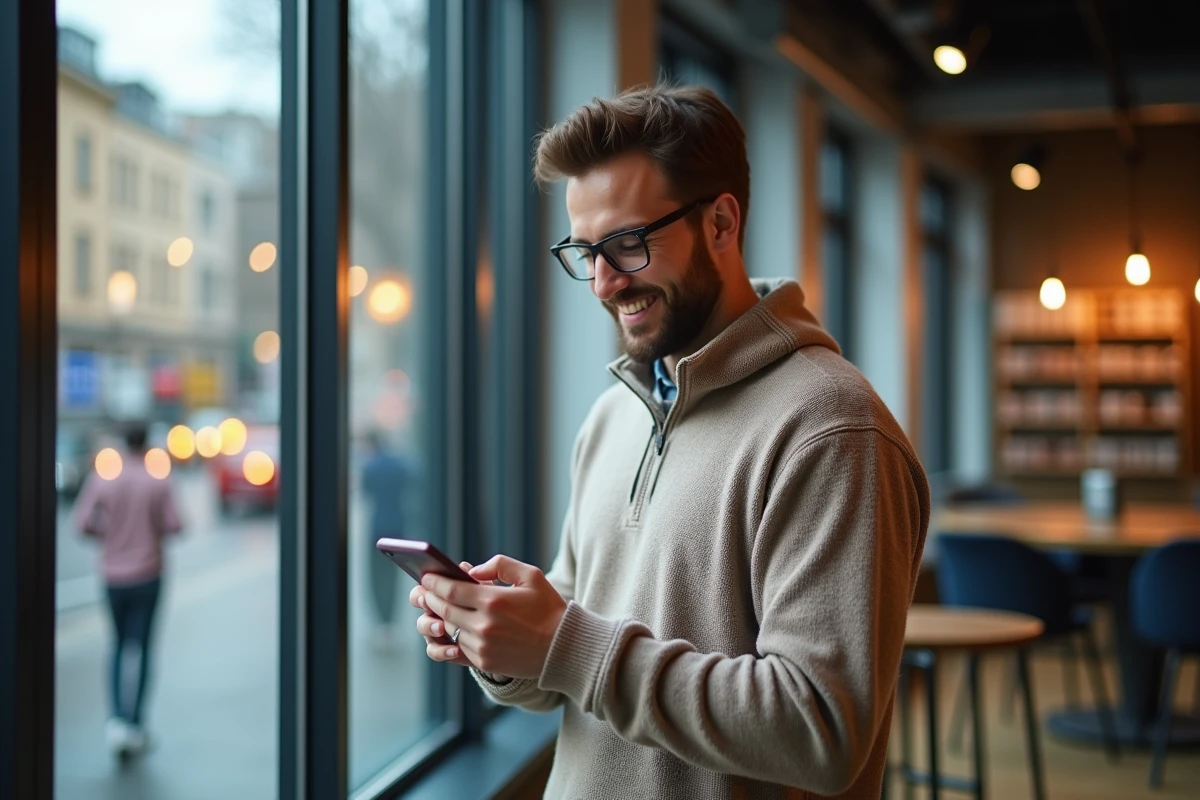 Homme souriant utilisant une application sur son smartphone dans un espace de coworking