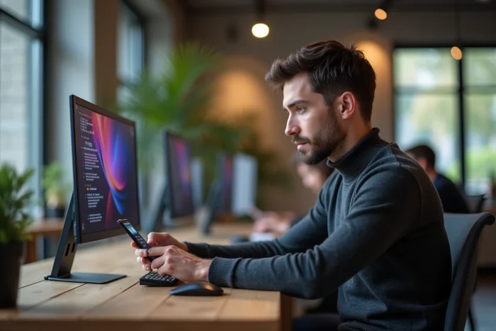 Ingénieur utilisant un smartphone pliable dans un bureau tech moderne en 2024