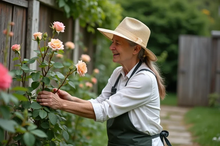 Femme âgée taillant un rosier dans son jardin