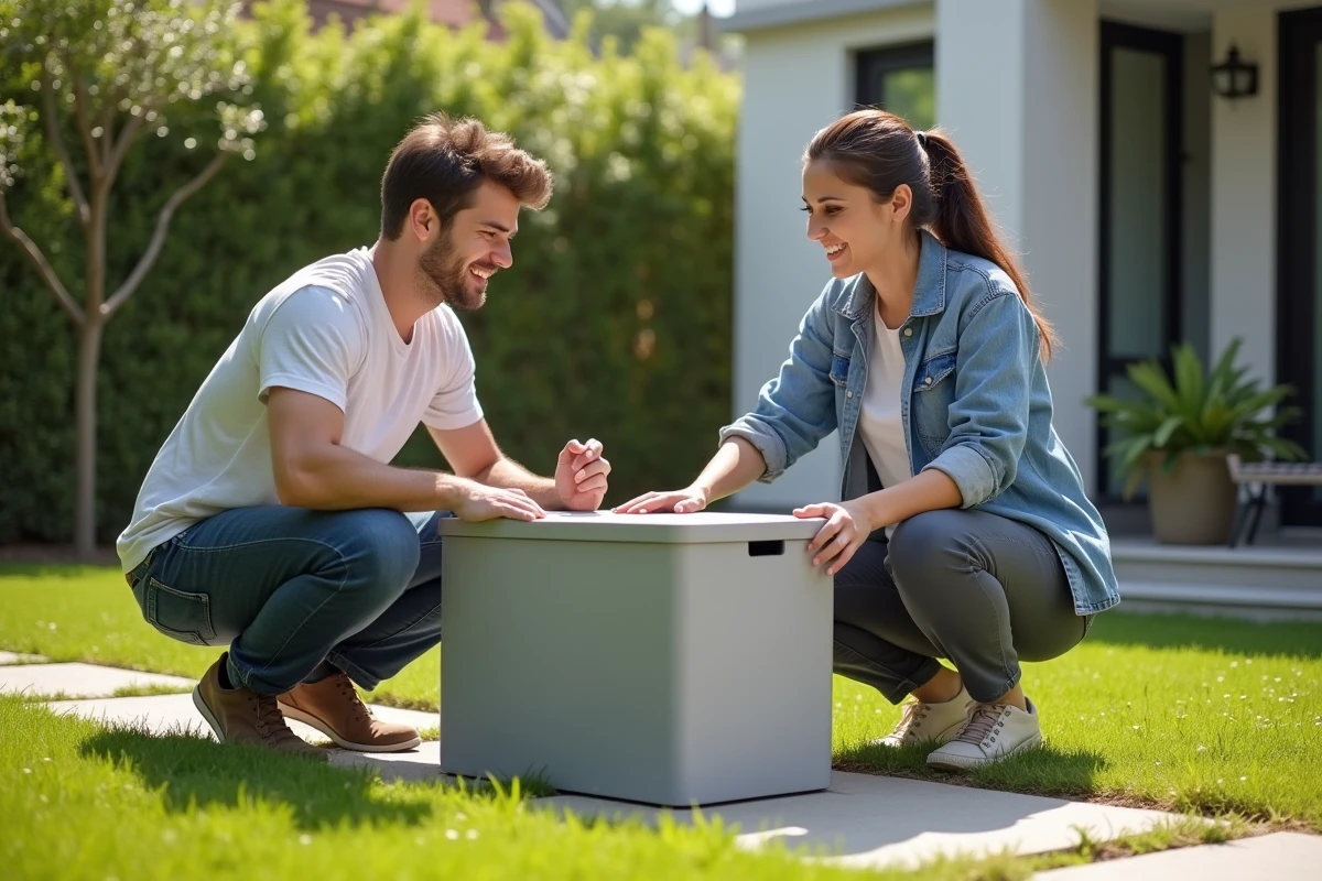 Jeune couple assemblant un meuble de jardin en extérieur