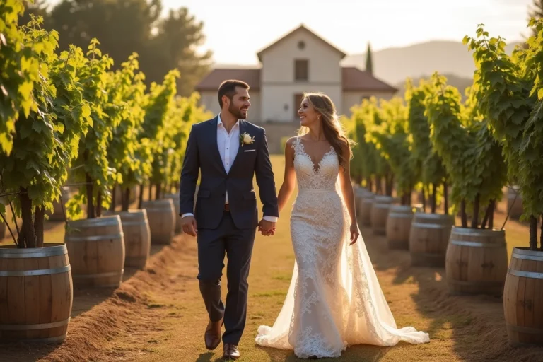Jeune couple de mariés dans un vignoble en plein air