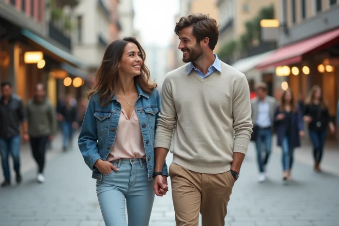 Jeune couple souriant dans une ville animée en extérieur