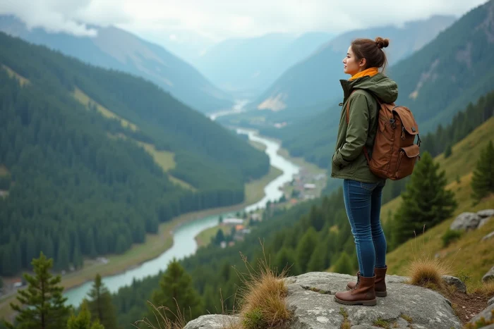 Jeune femme regardant un paysage de vallée et montagnes